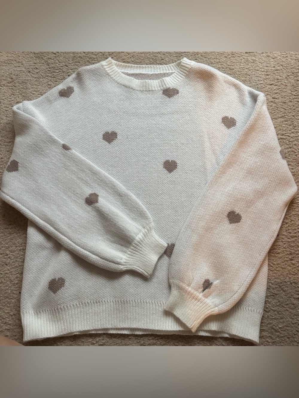 Cream Heart-Print Crewneck Sweater